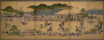 Zesvoudig scherm met een hond achtervolgingswedstrijd, Japans, 1624-43 door Japanese School